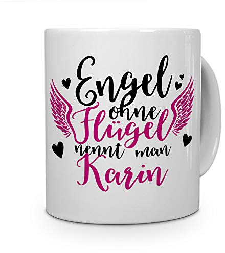 printplanet Tasse mit Namen Karin - Motiv Engel - Namenstasse, Kaffeebecher, Mug, Becher, Kaffeetasse - Farbe Weiß