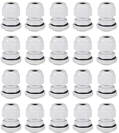 sourcing map PG9 Cable Gland 2mm-6mm Wire Hole Waterproof Nylon Joint Adjustable Locknut with Washer White 20pcs