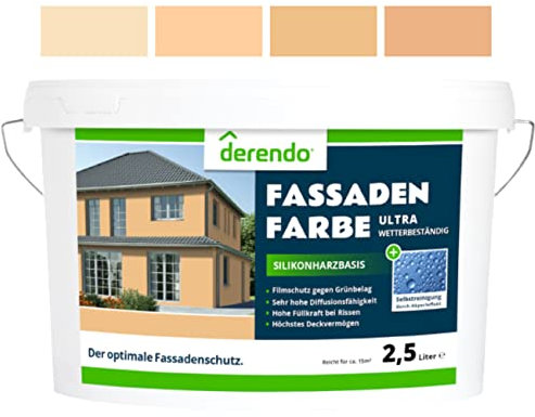 derendo Silikonharz Fassadenfarbe Terracotta ULTRA Wetterschutz Ockergelb 2.5 l aussen Fassade Silikonharzfarbe mit Abperleffekt Lotus Blatt Fassadenschutz Schmutzabweisende Silikonharzbeschichtung