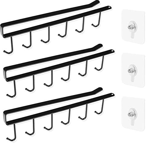 Sequpr Lot de 3 Porte-Tasses sans Perçage Crochets de Rangement pour Tasses, Gobelets, Verres à Vin, Ustensiles de Cuisine avec Vis Autocollantes - Noir