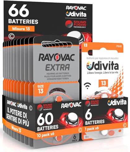 66 Piles pour appareils acoustiques Rayovac Extra Advanced 13. 66 Piles : 60 Rayovac + 6 Udivita