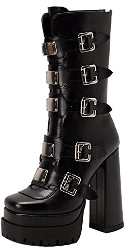 Cozivwaiy Donne Moda Stivali Con Tacco Grosso Cosplay Stivali Tacco Largo Punta Quadrata Stivali Con Plateau Tacco Alto Stivali Al Ginocchio Antiscivolo Impermeabile Stivali Con Fibbia