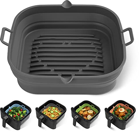 Loveuing Moule Silicone Air Fryer Carré–Panier Friteuse Réutilisable–Doublure Liners Friteuse Plat Pliable, Facile à Nettoyer–Convient à Friteuses 5,5 à 7,6 L, Accessoires Air Fryer, 21,6 cm