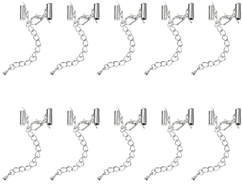 sourcing map 10Sets Slide on End Clasps with Lobster Claw Clasps & Extension Chain, 10mm Tube Slider Crimp Cord Ends for DIY Craft Making, Silver White