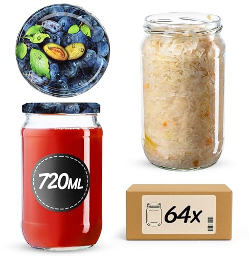 KADAX 64er Set Einmachgläser 720ml TO82 Pflaumen, Große Sturzgläser mit Schraubdeckel, Einkochgläser Fermentierglas für Gurken, Gemüse, Sauerteig