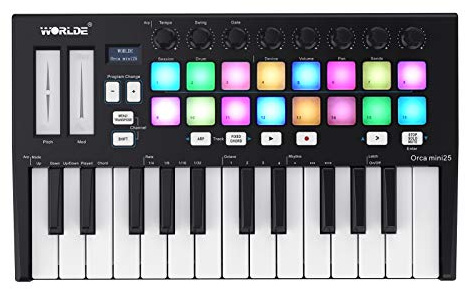 MIDI Controller, Orca mini25 Portable 25-Key USB MIDI Keyboard Controller with 16 RGB Backlit Trigger Pads 8 Assignable Control Knobs