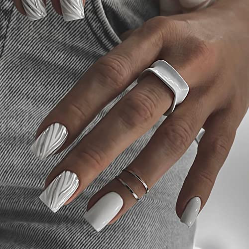 JUSTOTRY 24 Stück Silber Swirl Press on Nails Eckig Mittel,Milchig French Künstliche Nägel, Schöne Kunstnägel Nägel Zum Aufkleben,Acryl Square Fingernägel Fake Nails Kurz für Frauen