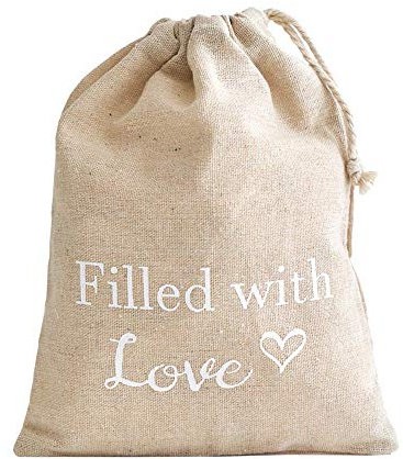 | 3 Geschenkbeutel mit Gruß, Leinensäckchen, Stoffbeutel mit Kordel,Geschenkverpackung aus Leinen-Baumwollstoff - 21x17 cm -(Filled with Love)