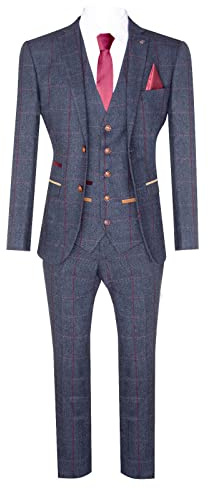 Mens Herringbone Tweed Suit 3 Piece Navy Blue Peaky 1920s Tailored Fit
