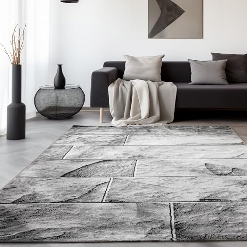 SIMPEX Teppich Wohnzimmer 140x200 cm Schwarz Modern Steinmauer Kariert Design Kurzflor Schlafzimmer Esszimmer Küche Jugendzimmer Waschbar Pflegeleicht Extra Weich