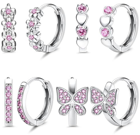 JeweBella 4 Paar Silber 925 Hypoallergen Ohrringe - Kleine Creolen Mit Schmetterling, Herz, Blumen für Mädchen, Damen - Schlafen Knorpel Set Rosa/Lila/Blau/Bunt