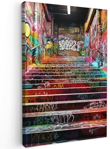 MuchoWow© Bilder Groß 80x120 cm XXL Wohnzimmer Deko Modern Wandbild Foto auf Leinwand Bild Schlafzimmer Room Decor Geschenke Banksy - Street Pop Art - Treppe - Graffiti - Farben - Kunst