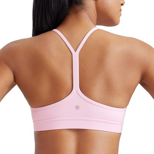 CRZ YOGA Damen Butterluxe Racerback Sport BH Gepolstert Ohne Bügel Y-Rücken Yoga Bra Sommer Atmungsaktiv Spaghetti Top Rosa Pfingstrose L