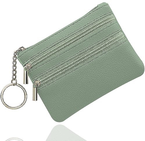Münzgeldbörse,Klein Münzbörse, Leder Geldbörse Kreditkartenbörse mit DREI Fächern, Reißverschluss, Schlüsselanhänger, Klein Geldbeutel Business Card Mini Wallet für Damen(Hellgrün)