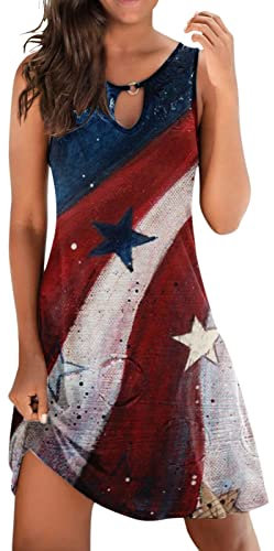 Robe Femme Enceinte Jour de l'Indépendance Womens Fourth of July Print Womens Casual Summer Dress Crewneck Sleeveless Vest Dress Femme Chic (Red, M)
