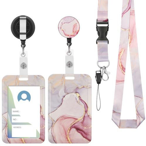 Vicloon Lanyard mit ID Kartenhalte, 2 Stücke Einziehbare Badge Holders Ausweishülle, Ausweishalter mit Clip, Schlüsselbänder mit Schnellverschluss Schnalle(rosa Marmor)