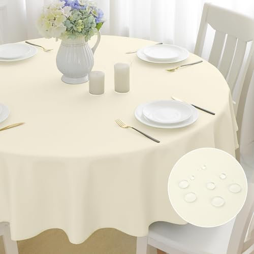 mosayt Abwaschbar Tischdecke Rund 160 cm Leinenopti Tischdecken Beige Tischtuch Lotuseffekt Leinendecke Fleckschutz Tischwäsche für Esszimmer, Garten, Hochzeiten