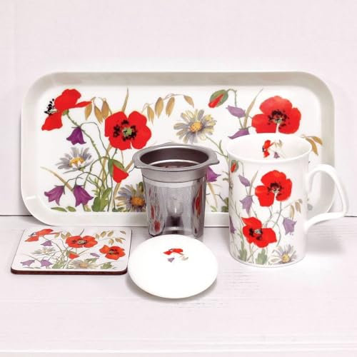 Roy Kirkham - England Lidded Infuser Mug Coaster and Tray (5 Piece Set) - English Meadow Florals Design