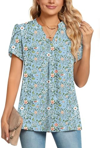 POPYOUNG Womens Summer Casual Chiffon Petal Sleeves Office Blouses V Neck Business Tops Work Shirts M,Light Blue Floral/Mix