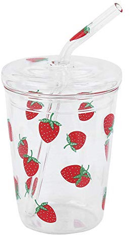 TOPINCN Tasse en Verre à Motif Fraise, Gobelet en Verre avec Pailles Résistantes à la Chaleur, Passe au Micro-ondes, avec Couvercle en Paille, pour Milkshake, café, Jus