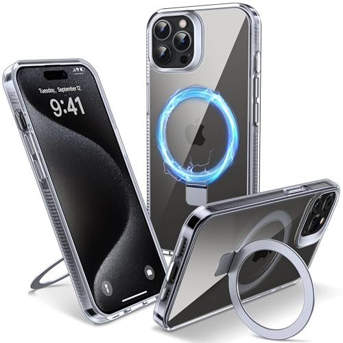 Flyzoo Magnetic Kickstand Case for iPhone 15 Pro, [Compatible with MagSafe & Invisible Ring Stand Holder] [Non-Yellowing & Shockproof] Clear Transparent Hard Silicone Edge Cover, 6.1'', Clear