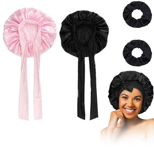 GUTERTOP 2 Stück Silk Bonnet Sleep Cap, Haarhaube für Die Nacht, Satin Bonnet mit 2 Haargummis für Damen und Mädchen