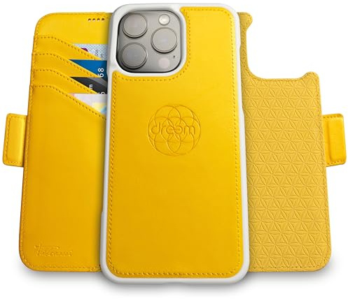 Dreem Vegan Leather Magnetic Detachable Wallet Case for iPhone 16 Pro | Revolutionary Vert/Hor Phone Stand, RFID Blocking Card Holder Flip Cover, MagSafe-Fit, Gift Box [Fibonacci: Yellow]