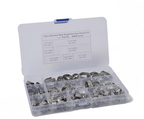 Collier de serrage à une oreille - 7 tailles - 4 à 10 mm - En continu - Anneaux à sertir - Assortiment pour tuyaux d'eau et plomberie