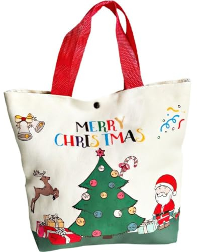 Tsffae Bolsa Dibujos Animados Santa Claus Elk Árbol De Navidad Bolsa De Lona De Mano Bolsas De Compras De Feliz Navidad con Asas Bolsa De Lona para Mujer