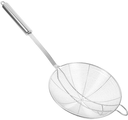 OKUMEYR Edelstahl Drahtsieb Schöpflöffel mit Doppelter Spirale und Großem Flachem Siebkorb Verhindert Spritzer und Ermöglicht Schnelles Abgießen bei Pasta und Frittieren
