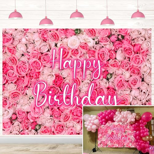 Pink Rose Wall Birthday Backdrop Neon Happy Birthday Photography Banner Rose Flower Spring Tea Girls Princess Bday Party Wedding Anniversary Baby Shower Decoration Background (7X5FT (210x150cm))
