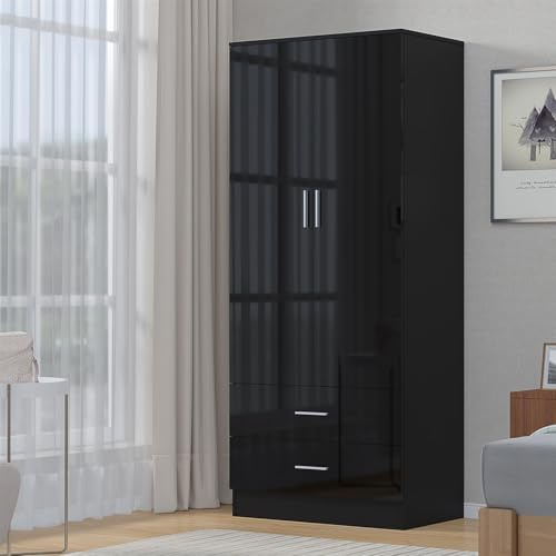 Reflect 2 Door 2 Drawer Combi Plain Wardrobe | Black Gloss & Black Oak Finish | Bedroom Storage with Hanging Rails, Drawers & Shelf | H: 180cm x W: 76cm x D: 47cm