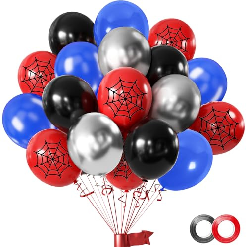 Hongplus 50pcs 12inch Black Red Blue Silver Balloon,Red with Spider-Web Printed Balloons for Boys Girls Halloween Party Birthday Decorations Birthday Balloons Baby Shower Party Supplies Gifts
