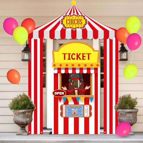 Fanfanwin 5 Stück Karneval Zirkus Zelt Dekorationen Karneval Ticket Booth Hintergrund Requisiten Eingangstür Party Dekor Großes Foto Tür Banner Tür hängen für Zirkus Thema Party Feier Supplies