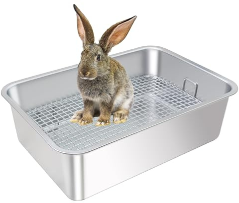 HUQIZOO Kaninchentoilette aus Edelstahl, große Hasentoilette mit verbreitertem Gitter, Toilettenablage, hohe Rückwand, tiefe Abfallaufbewahrung (groß)