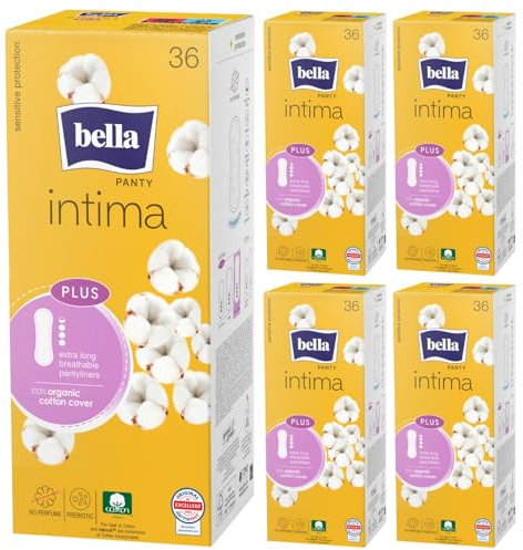bella Panty intima Plus extra long Slipeinlagen 5 x 36 Stück | aus 100% organischer Baumwolle | atmungsaktive, sehr saugfähige und parfümfreie Slipeinlage Damen