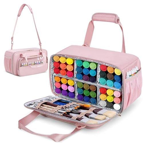 Prokva Acrylic Paint Organizer Case for 54 Bottles (2 oz), Craft Paint Storage Organizer with Shoulder Strap, Paint Bottle Organizer Bag with Brush Storage, Pink