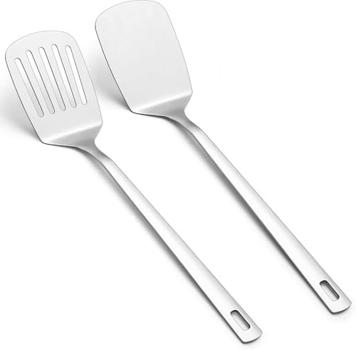Heanvmyss 2PCS Edelstahl Spatulas, Pfannenwender aus Metall mit Schlitz, Solider Pfannenwender für Fisch, Eier, Pfannkuchen (Silber)