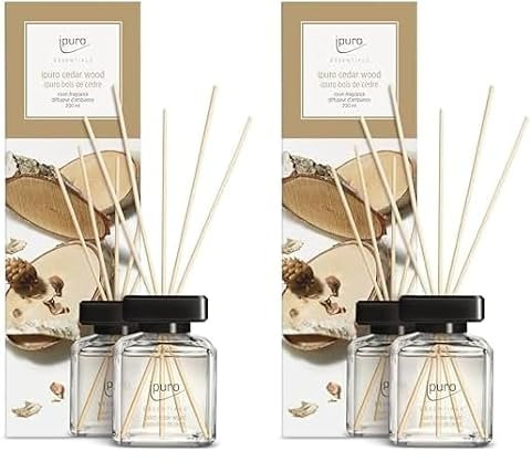 ipuro - Essentials Raumduft Cedar Wood 200ml | Raumerfrischer mit Orange, Zitrone, Rosmarin, Ylang Ylang, Sandelholz & Vanille Duft Aroma | Diffuser mit Stäbchen | Lufterfrischer für die Wohnung