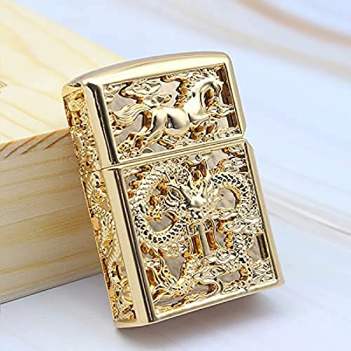 Vintage Groove Nachfüllbares Kerosinfeuerzeug - Drachenmuster Antik Gold Radfeuerzeug - Cooles Antik Design