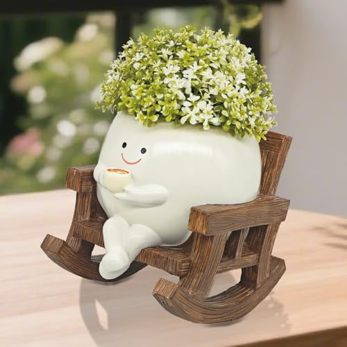 Blumentopf mit Smiley-Gesicht, niedlicher Kaffee-Blumentopf für drinnen und draußen, einzigartiger Schaukelstuhl-Pflanztopf für Sukkulenten, Pflanzen, leben, mit Ablaufloch, Geschenkidee für Mutter