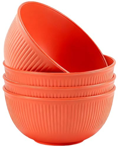 4 Pcs Unbreakable Cereal Bowls, 24 OZ Reusable Lightweight Plastic Bowl | Soup and Salad Bowls for Rice Noodle Snack Fruit, Dishwasher & Microwave Safe (Orange)