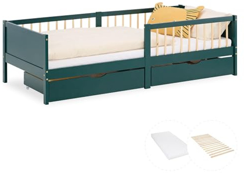 Homestyle4u Kinderbett 90x200 mit Matratze & Lattenrost - Kiefer Grün | Massivholzbett Komplettset inklusive 2 Schubladen Stauraum und Rausfallschutz für Kinder - Robustes Gitterbett Design