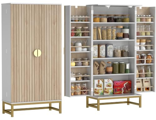HOMCOM Buffet Cuisine Garde Manger 12 Étagères Portes 58x29x119,5cm Blanc | Meuble Cuisine Rangement, Vaisselier, Étagères Réglables, Double Porte à Lattes, pour Salle à Manger, Salon