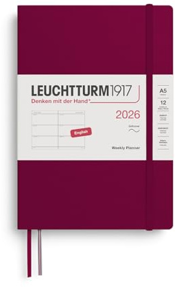 LEUCHTTURM1917 372738 Wochenkalender Medium (A5) 2026, Softcover, Port Red, Englisch