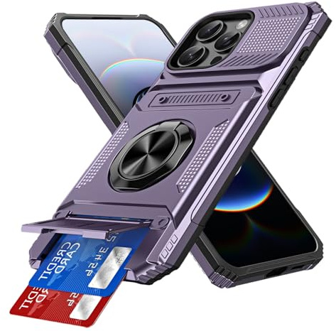 IMEIKONST Card Holder for iPhone 13 Pro Max Case with Stand Purple TCKB | Military Grade Drop Protection, Magnetic Ring Kickstand, Anti-Slip Shockproof Cover, Heavy Duty Rugged PC Back