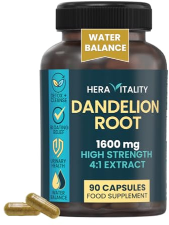 Dandelion Root Capsules for Water Retention Tablets – 1600mg 4:1 Extract, High Strength Vegan Supplement | Water Balance & Bloating Support | Made in UK (90 Capsules)