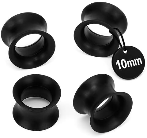 Fellisimo 4x Silikon Ohr Tunnel 10 mm, 6mm, 8mm, 12mm – Schwarz – Weicher Silikon Plug/Tunnel – Komfort, Stabiler Halt, Pflegeleicht – für Geweitete Ohren – Double Flared (Schwarz 10mm)
