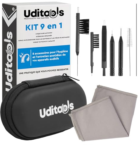 Kit Nettoyage Appareils Auditifs 9en1 Uditools - Étui Antichoc - Accessoires avec Brosses Fil Ultra-Slim et Aimant Extracteur de Pile - Compatible avec Appareils BTE RIC ITE et Embouts Auriculaires