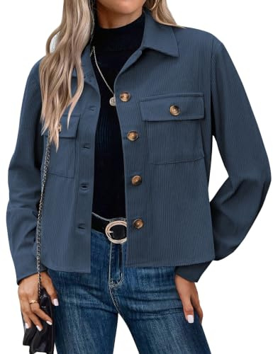 Hotouch Veste Femme Velours Côtelé Blouson Bombers Chic Veste Courte | Button Down, Décontracté, Automne Hiver, Jacket avec Poches